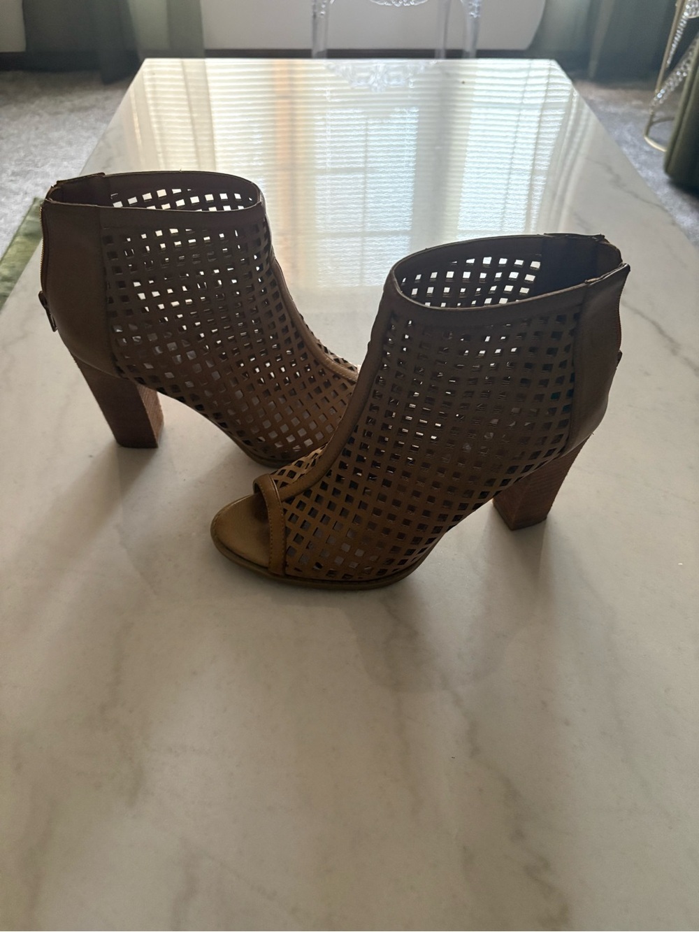 Report Tan Laser-Cut Open-Toe Block Heel Booties